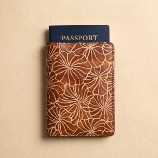 Hand embossed hibiscus flower pattern genuine leather passport cover in warm brown