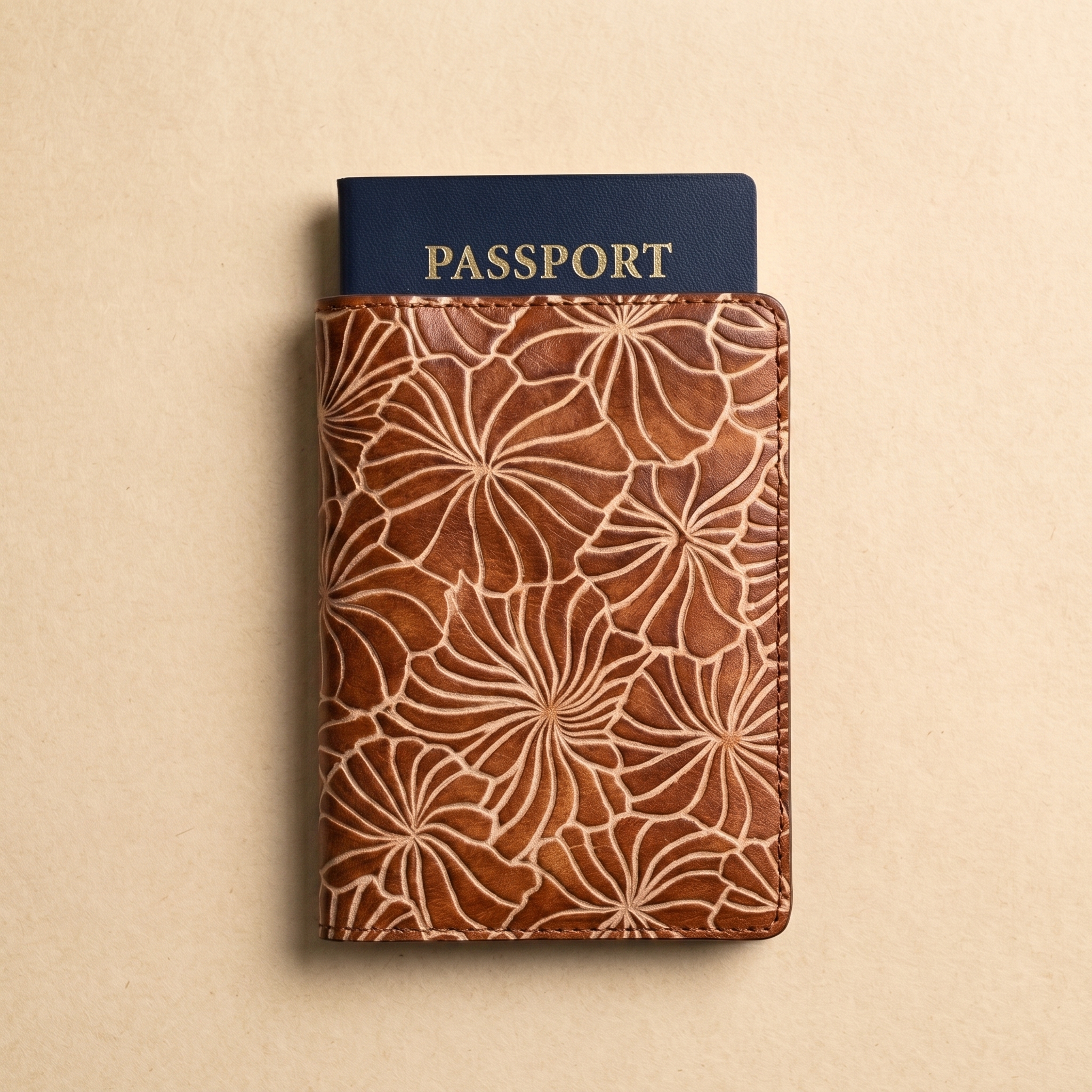 Hand embossed hibiscus flower pattern genuine leather passport cover in warm brown