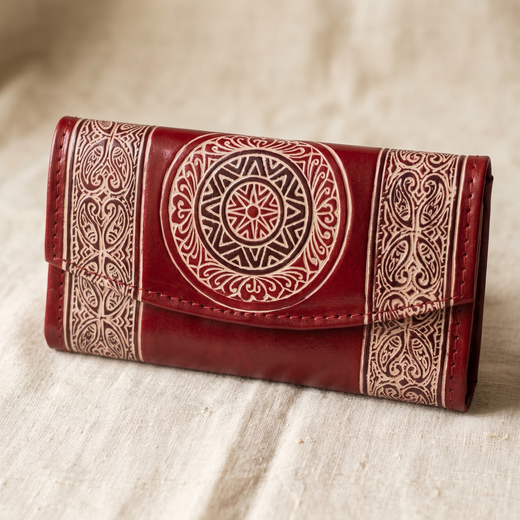 Hand Embossed Leather Clutch Purse for Women — Genuine Leather Zip Bag