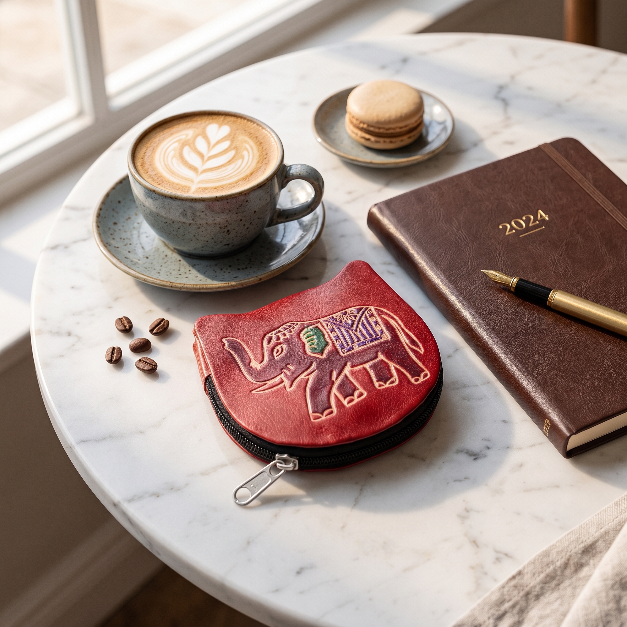 hand emobossed leather elephant coin purse