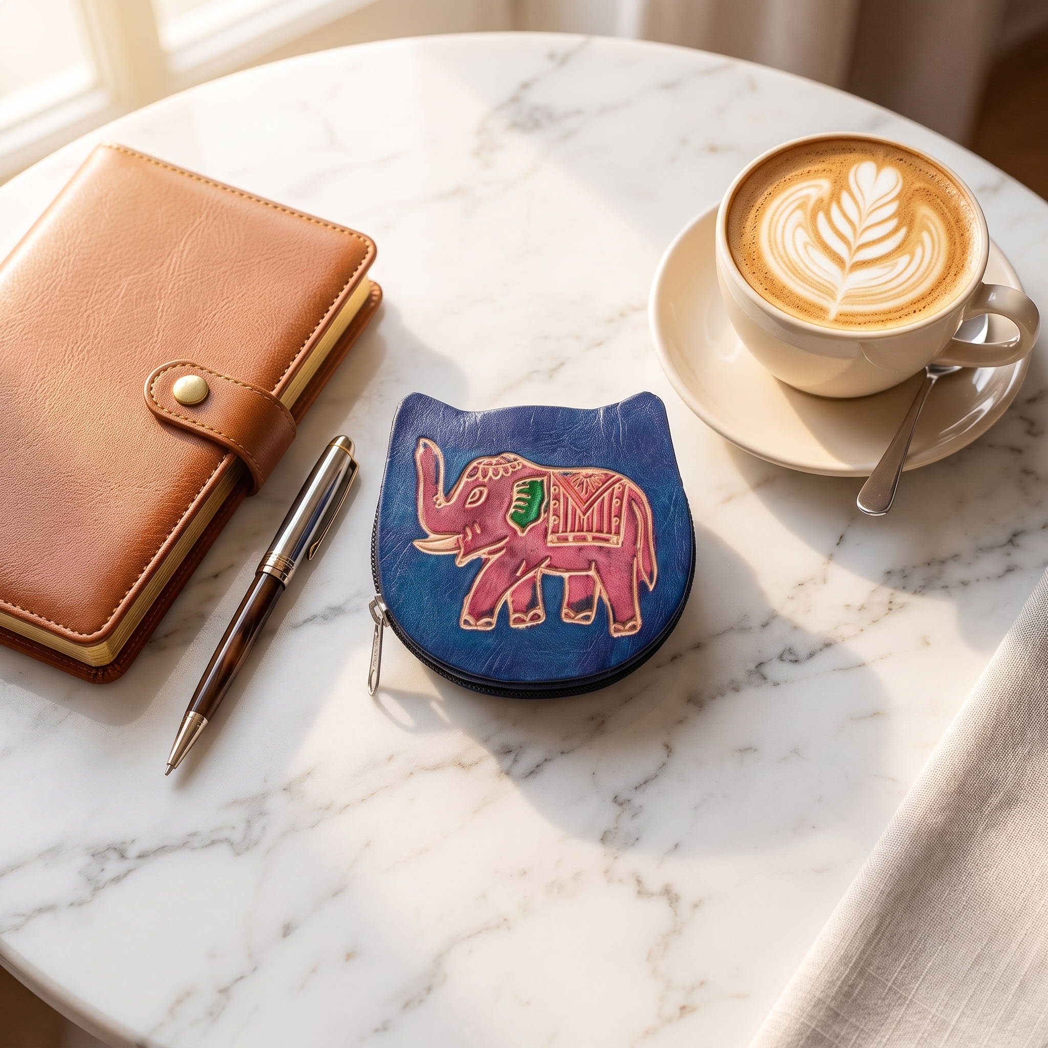 hand emobossed leather elephant coin purse