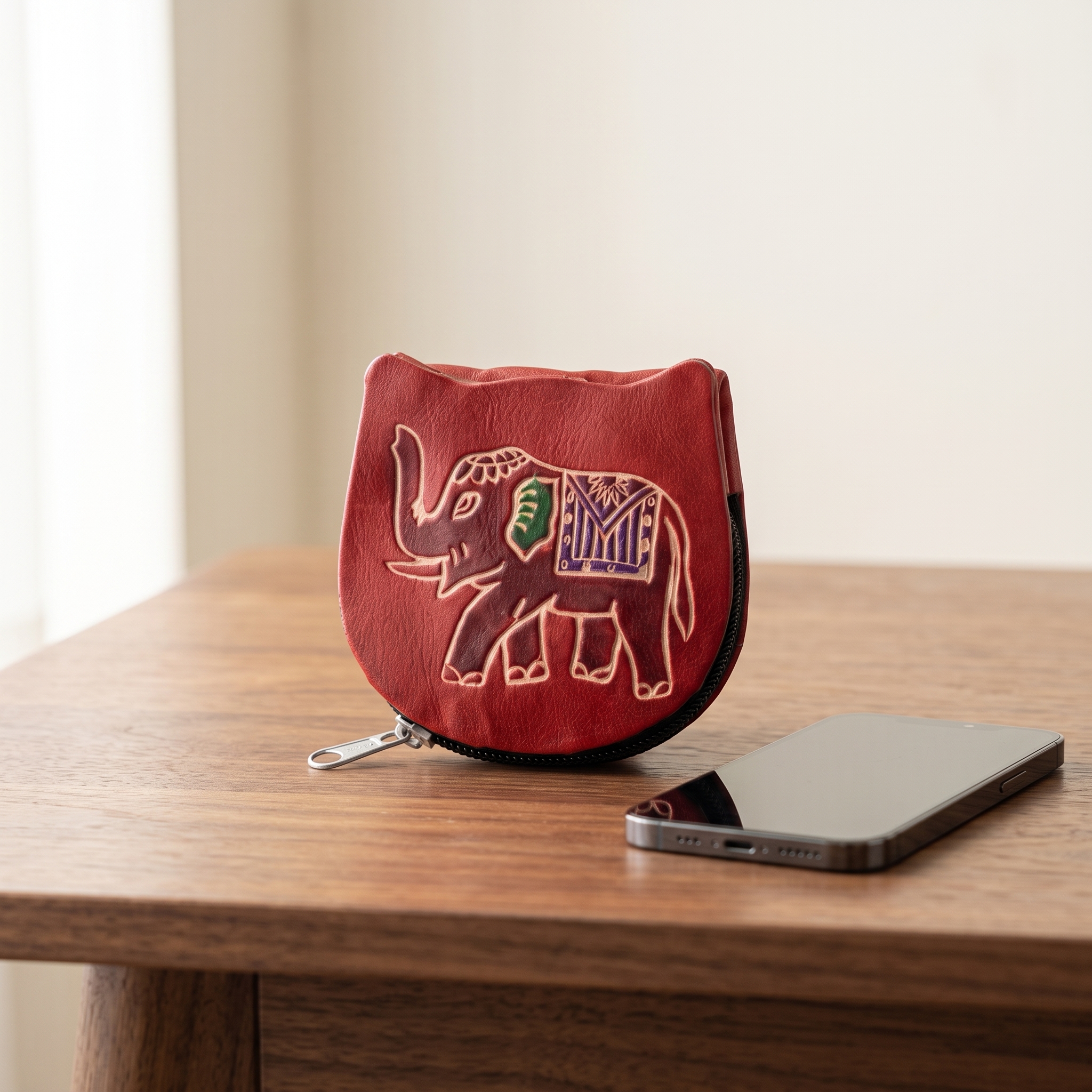 hand emobossed leather elephant coin purse