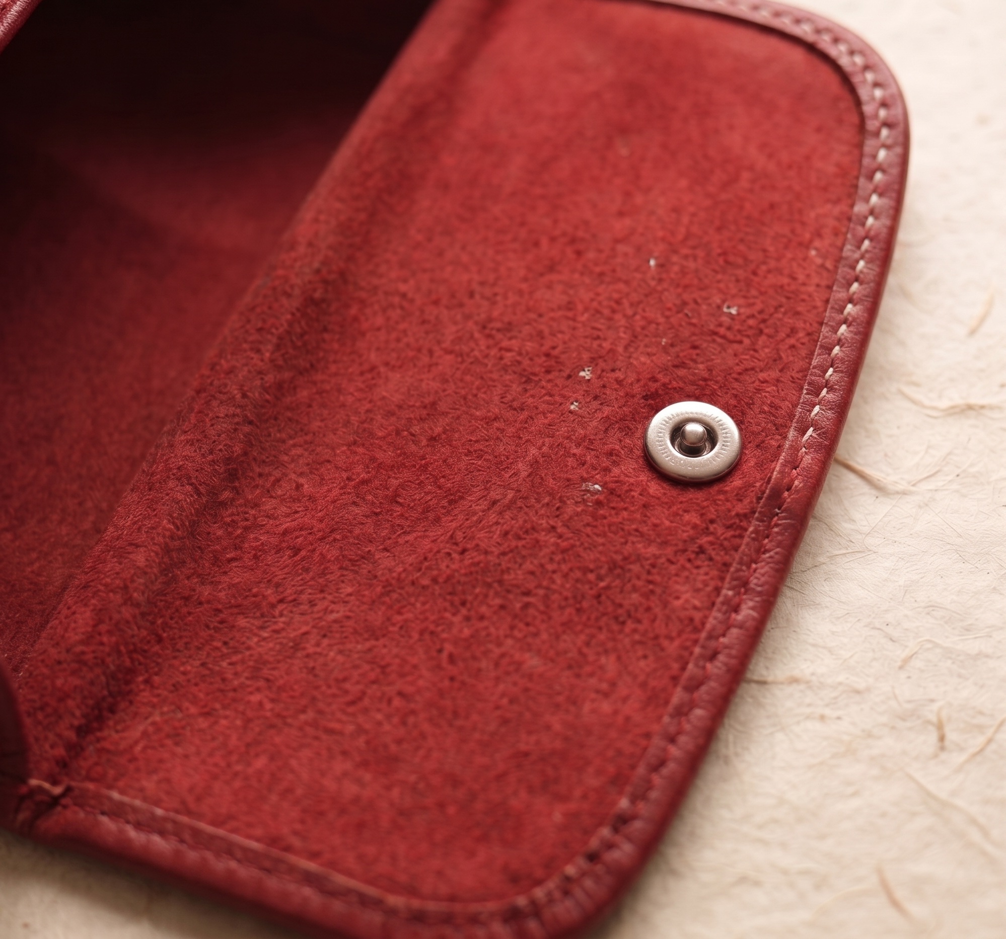 Interior of hand embossed genuine leather spectacle case showing red velvet lining and silver magnetic button closure