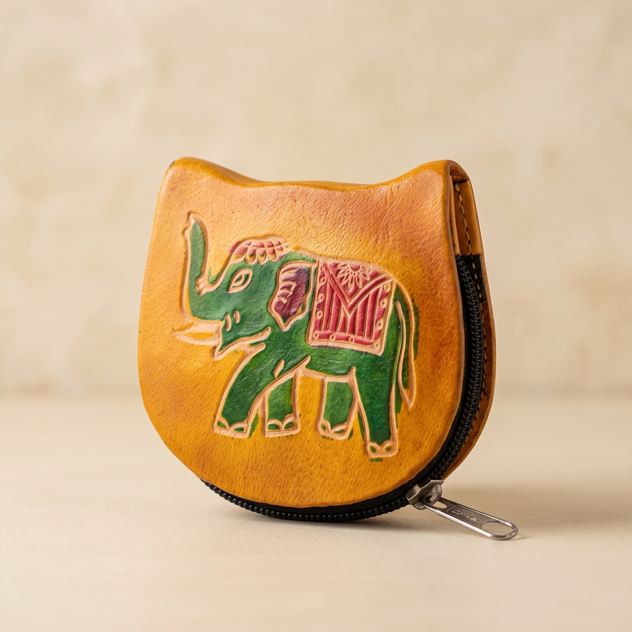 hand emobossed leather elephant coin purse