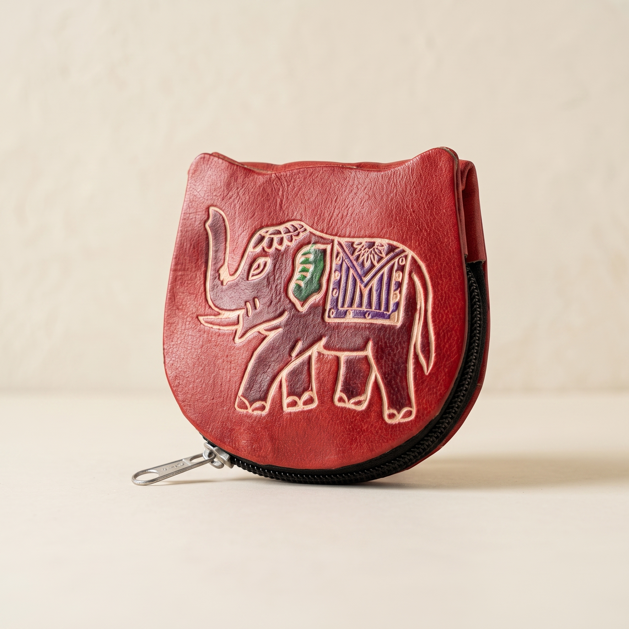 hand emobossed leather elephant coin purse