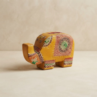 Pure leather elephant design piggy bank — hand embossed genuine leather coin bank Shantiniketan