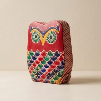 Pure leather owl design piggy bank — hand embossed genuine leather coin bank Shantiniketan