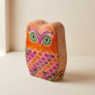 Pure leather owl design piggy bank — hand embossed genuine leather coin bank Shantiniketan