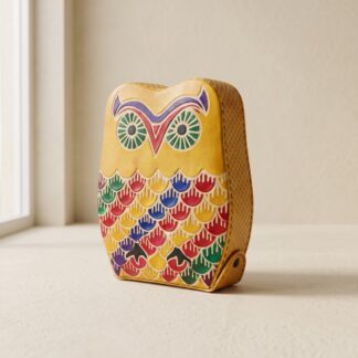 Pure leather owl design piggy bank — hand embossed genuine leather coin bank Shantiniketan