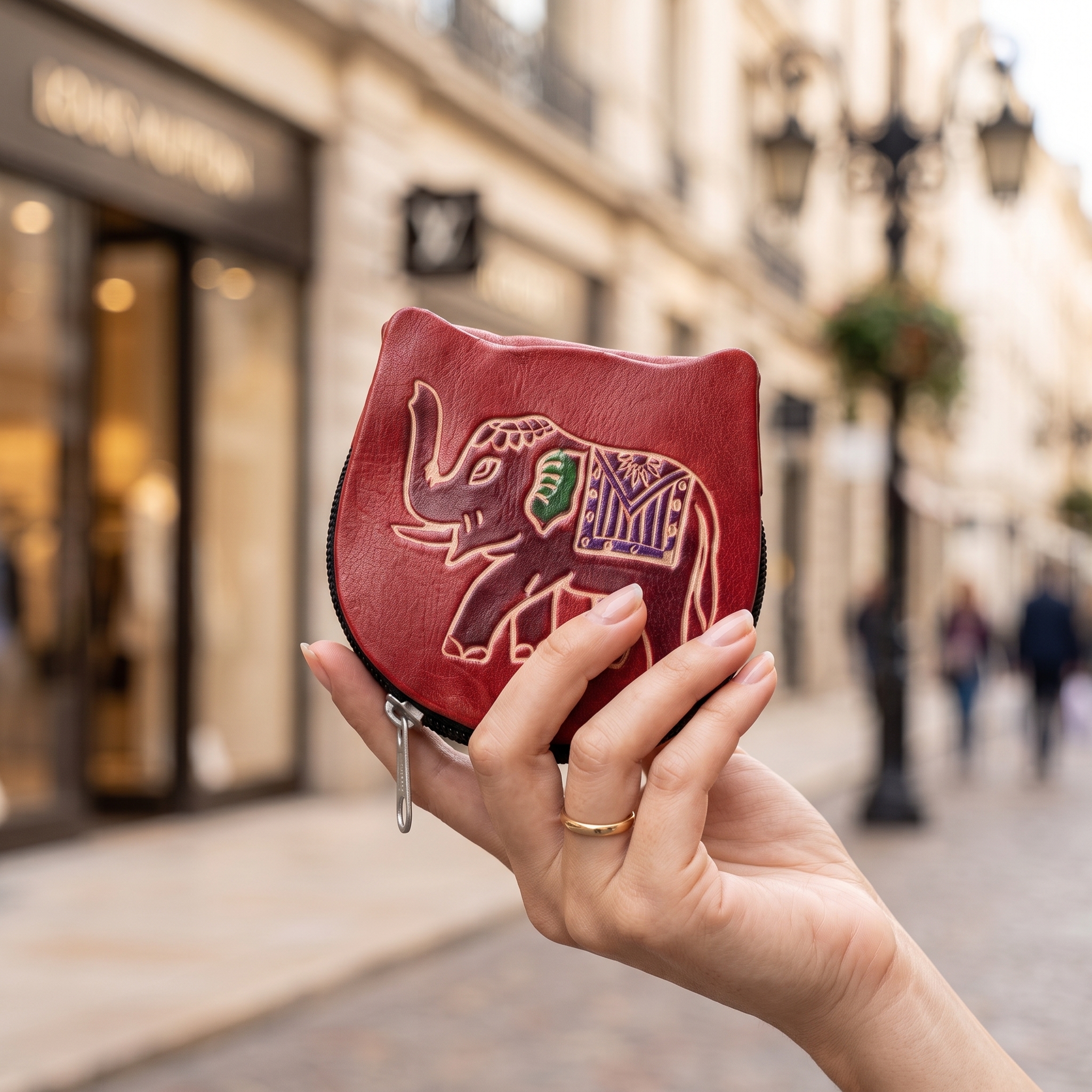 hand emobossed leather elephant coin purse