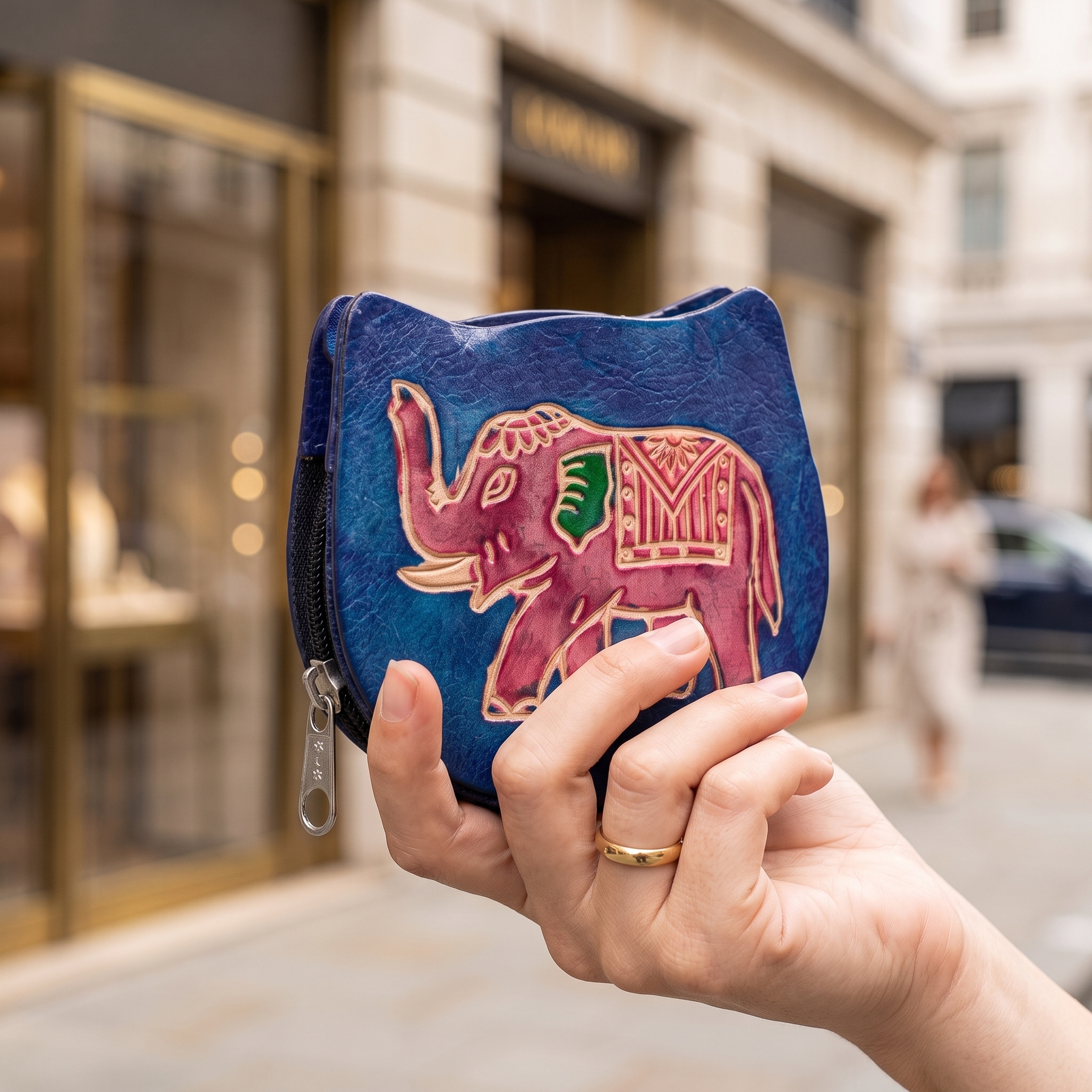 hand emobossed leather elephant coin purse