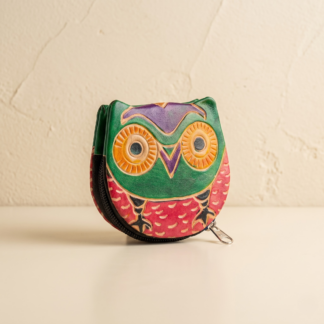 Hand embossed colourful owl design genuine leather coin purse — zip closure handmade Shantiniketan