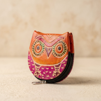 Hand embossed colourful owl design genuine leather coin purse — zip closure handmade Shantiniketan