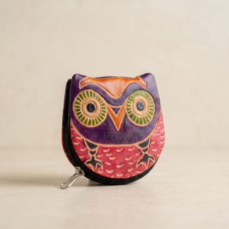 Hand embossed colourful owl design genuine leather coin purse — zip closure handmade Shantiniketan