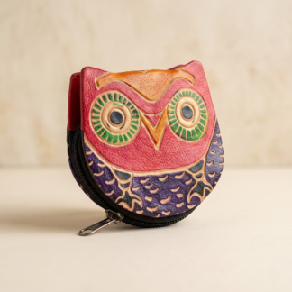 Hand embossed colourful owl design genuine leather coin purse — zip closure handmade Shantiniketan