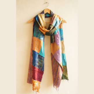 Reversible kantha stitch silk patchwork dupatta stole multicolor — handmade