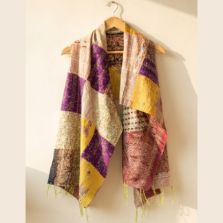 Reversible kantha stitch silk patchwork dupatta stole multicolor — handmade