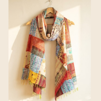 Reversible kantha stitch silk patchwork dupatta stole multicolor — handmade