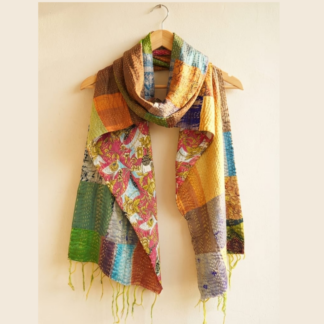 Reversible kantha stitch silk patchwork dupatta stole multicolor — handmade