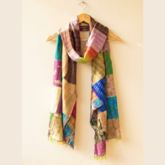 Reversible kantha stitch silk patchwork dupatta stole multicolor — handmade