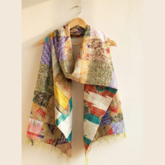 Reversible kantha stitch silk patchwork dupatta stole multicolor — handmade