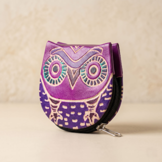 Hand embossed colourful owl design genuine leather coin purse — zip closure handmade Shantiniketan
