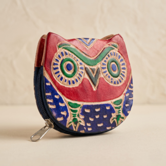 Hand embossed colourful owl design genuine leather coin purse — zip closure handmade Shantiniketan