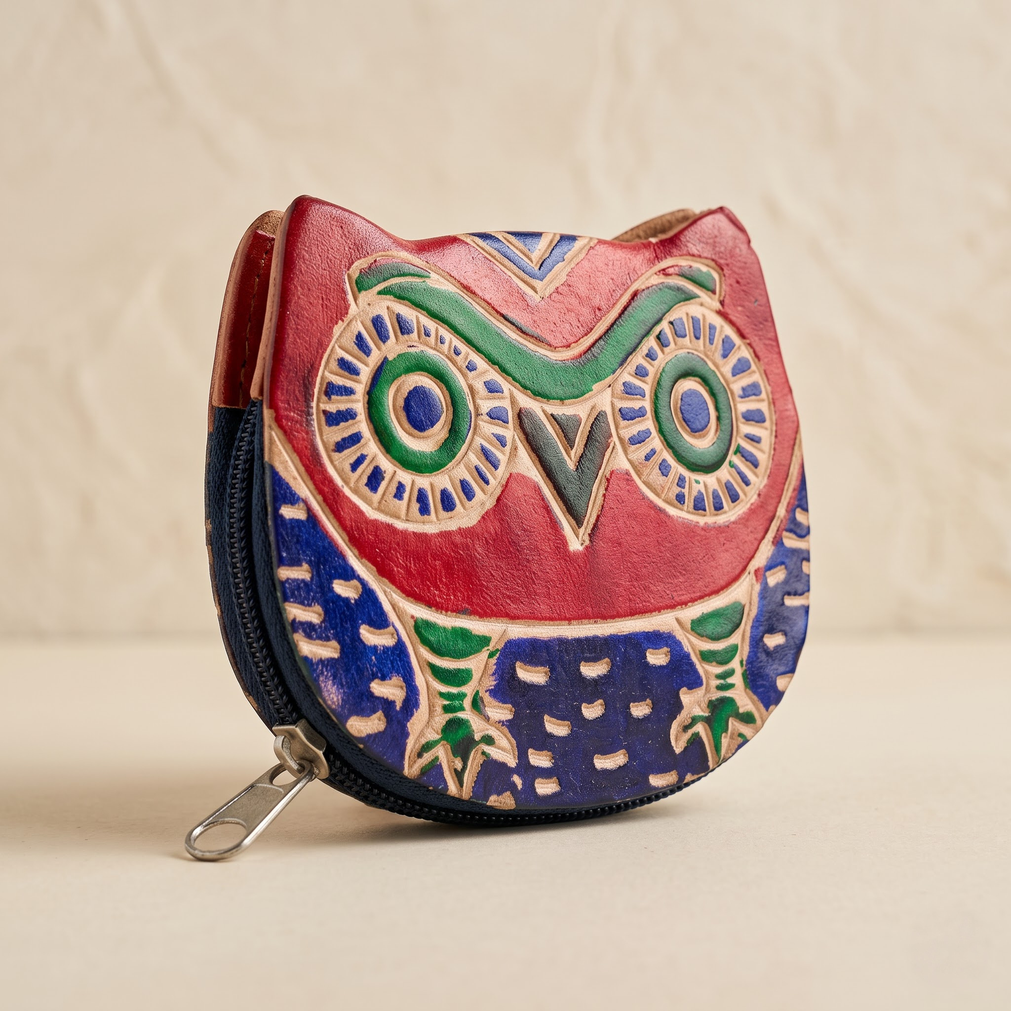 Hand embossed colourful owl design genuine leather coin purse — zip closure handmade Shantiniketan