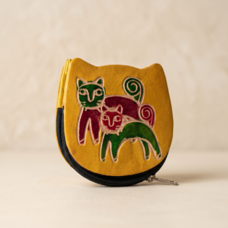 cat and kitten design genuine leather coin purse — zip closure