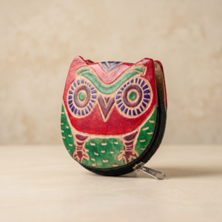 Hand embossed colourful owl design genuine leather coin purse — zip closure handmade Shantiniketan